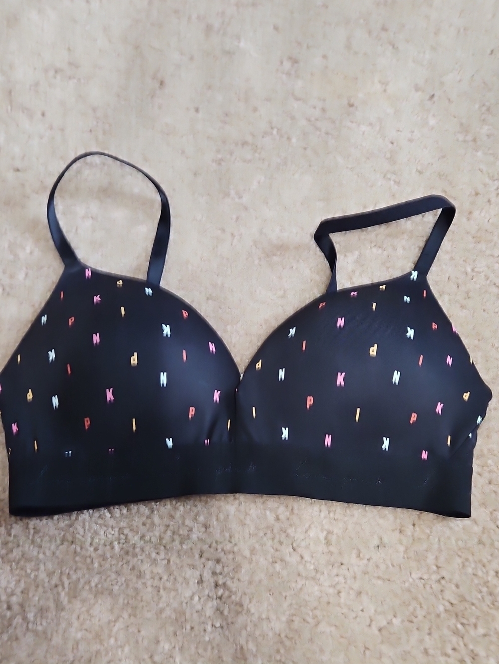 PINK Victoria's Secret Black Wireless Bra with Multicolor Letter Print